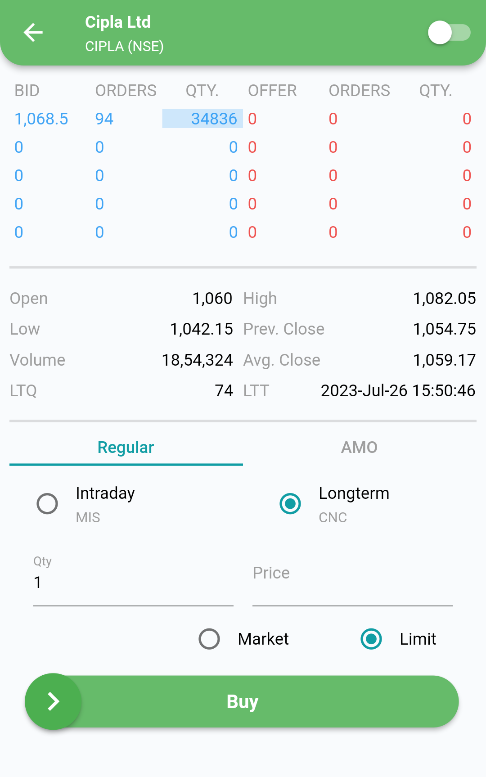 Zerodha Integration with xCalData buysellscreen1